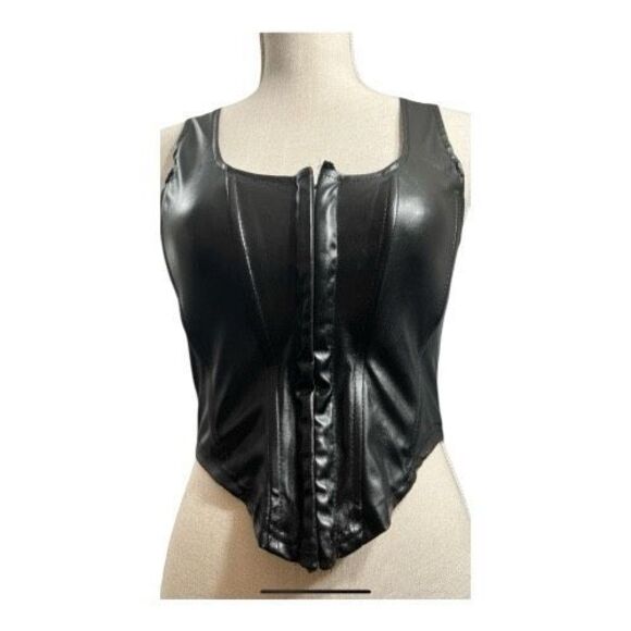 Gothic Black Faux Leather Corset Size Small Crop Top Bustier Boned Hook Closure - Picture 13 of 14